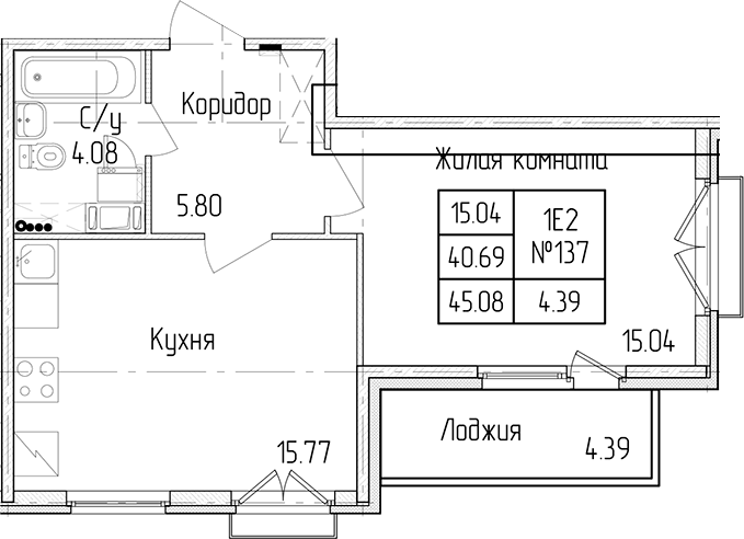 1-комнатная квартира 40.69 м², 4/4 эт., ЖК «Любоград в Стрельне»
